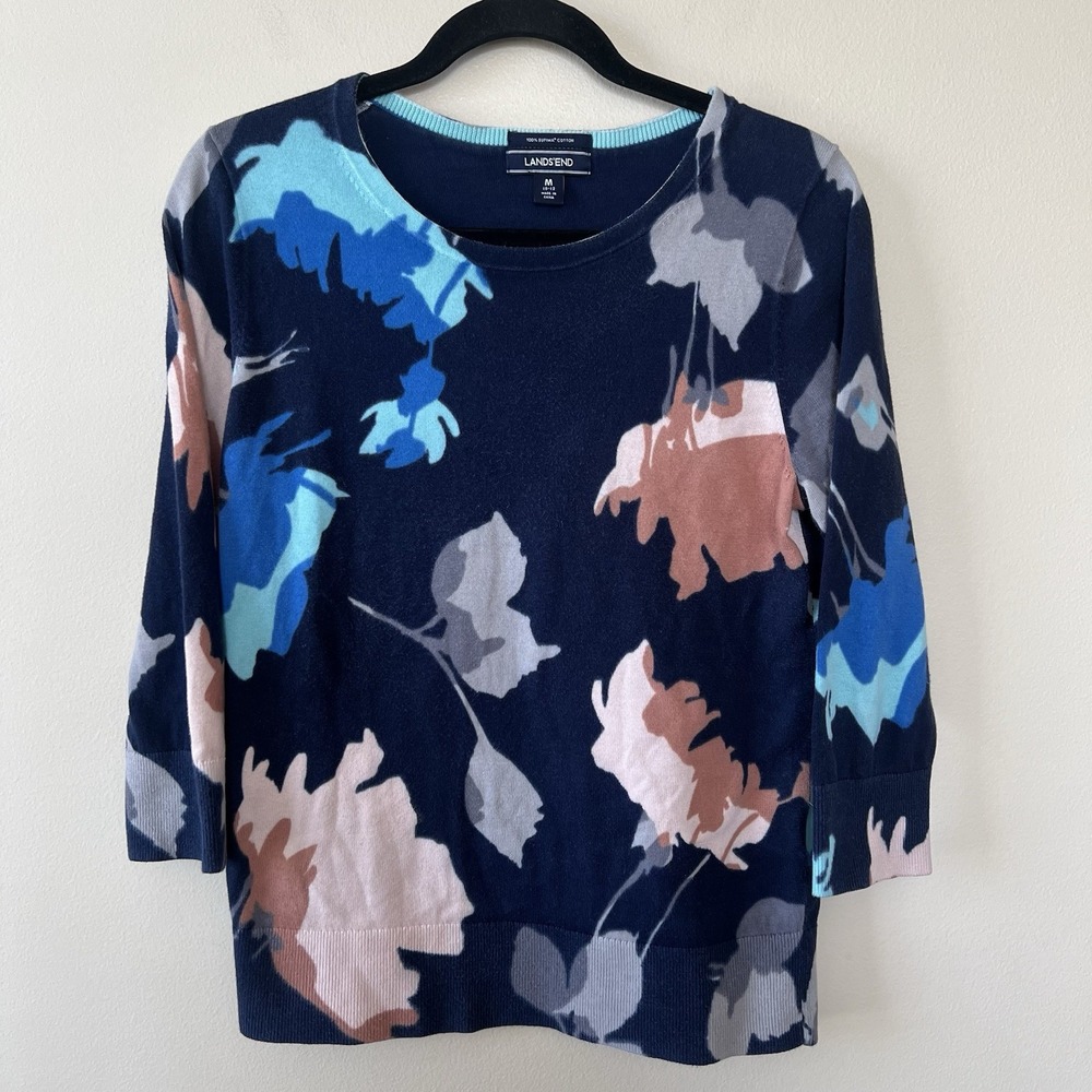 Lands' End‎ Supima Cotton Sweater Top Women M Floral Blue 3/4 Fall Abstract EUC